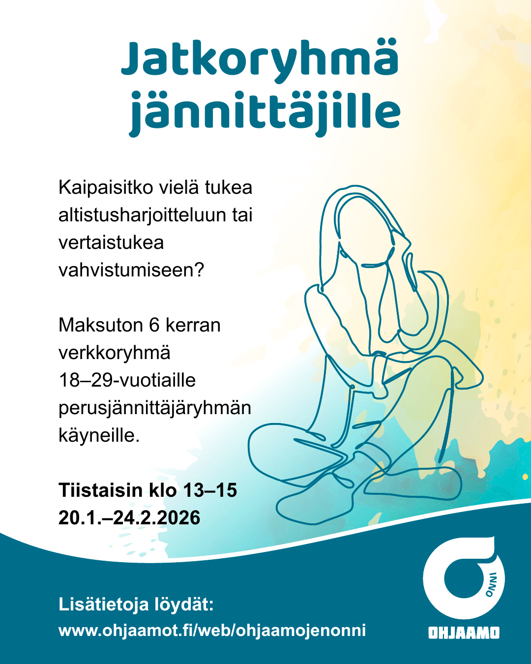 ryhmän mainos, johon kirjoitetut asiat löytyvät myös tältä verkkosivulta. mainoksessa kuva mietiskelevästä tytöstä, oikeassa yläkulmassa Onnin logo ja alareunassa tummalla pohjalla onnin somekanavien logot sekä qr-koodi ilmoittautumislomakkeeseen. 