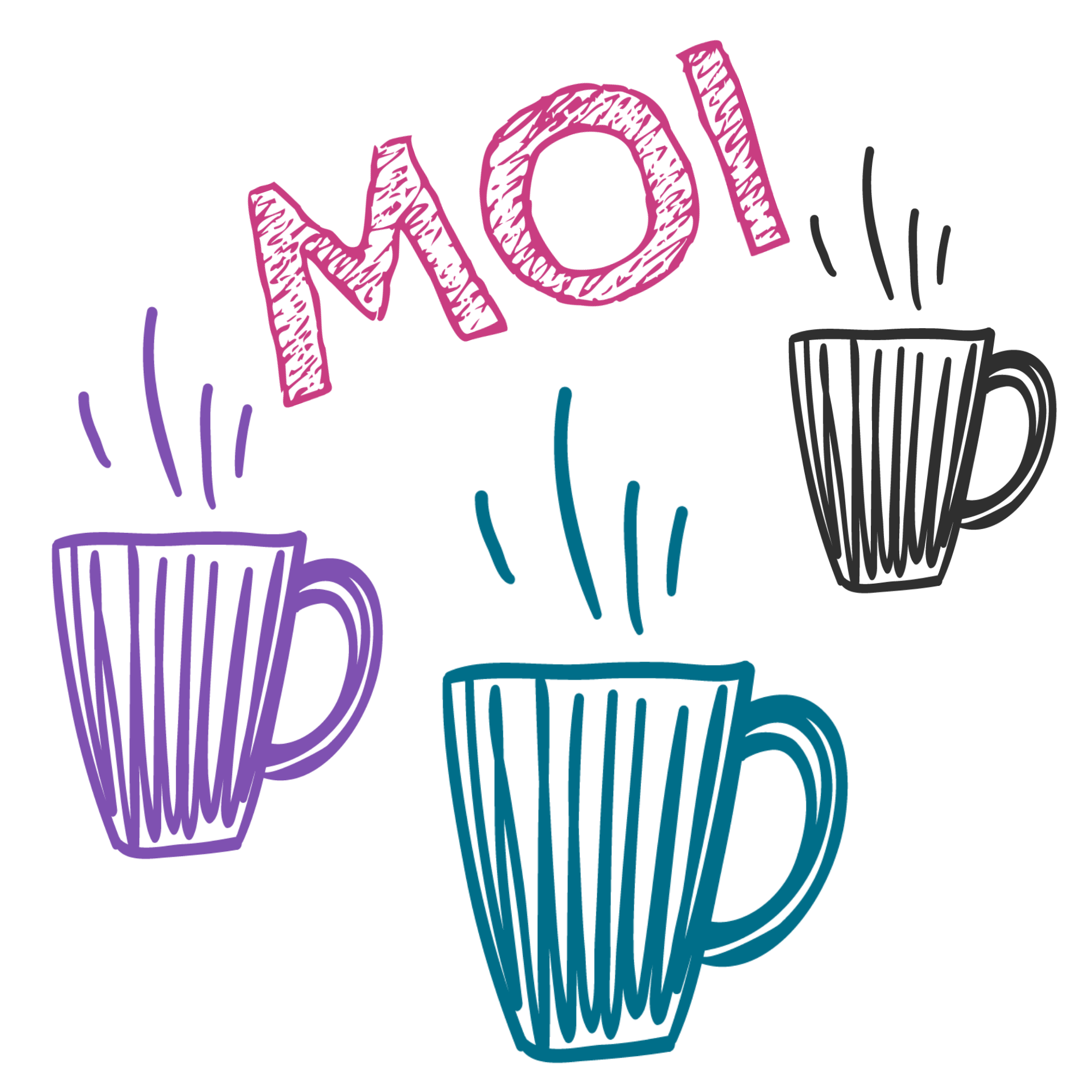 kolme kahvikuppia ja teksti moi.