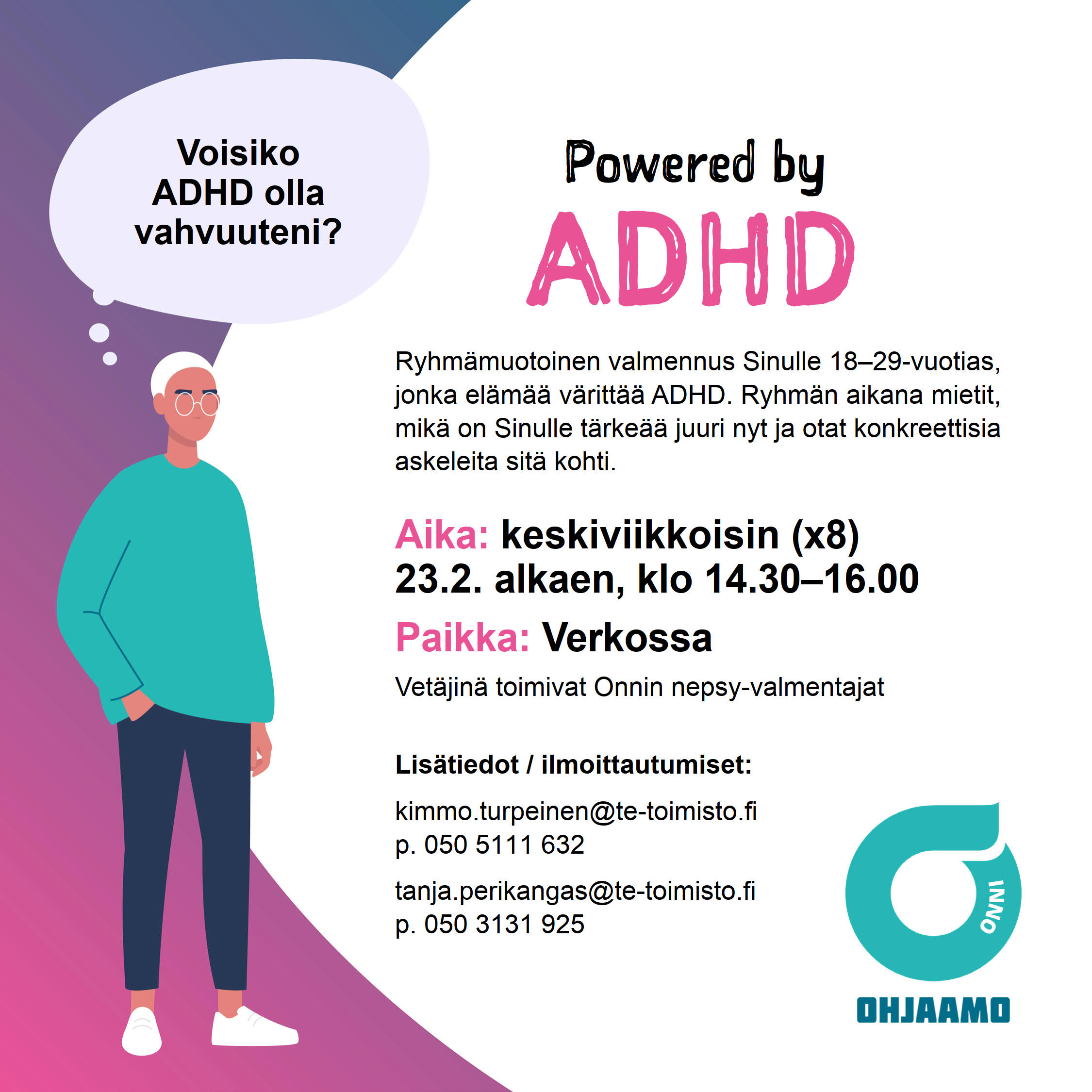 ADHD ryhmän graaffinen mainos. Violetin erisävyjä. 
